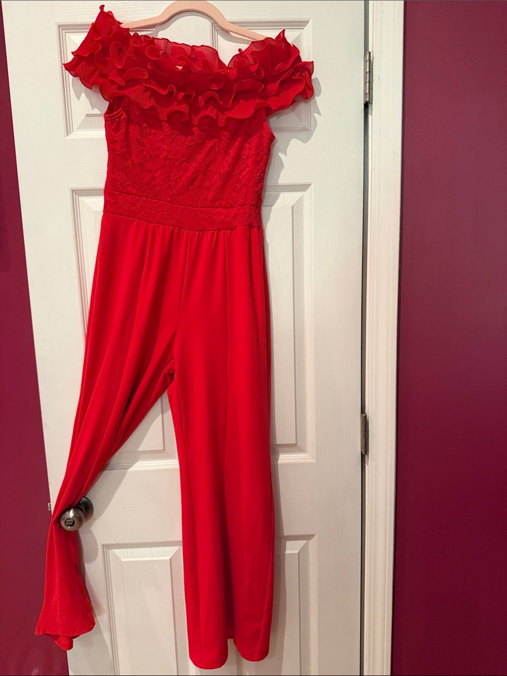 SHEIN Red Off-Shoulder Ruffle Lace Jumpsuit